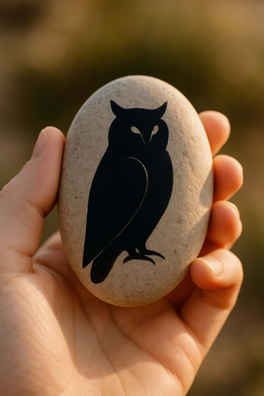 A hand holding a smooth river rock painted with a simple owl silhouette.