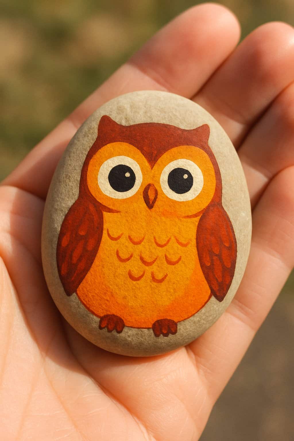 A hand holding a smooth river rock painted with a colorful owl design in autumn colors.