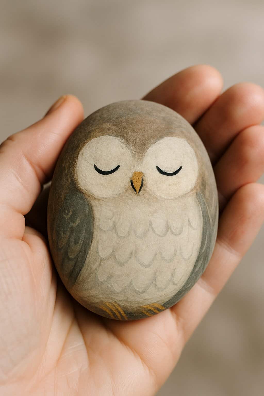 A hand holding a smooth river rock painted with a simple sleepy owl design with closed eyes.
