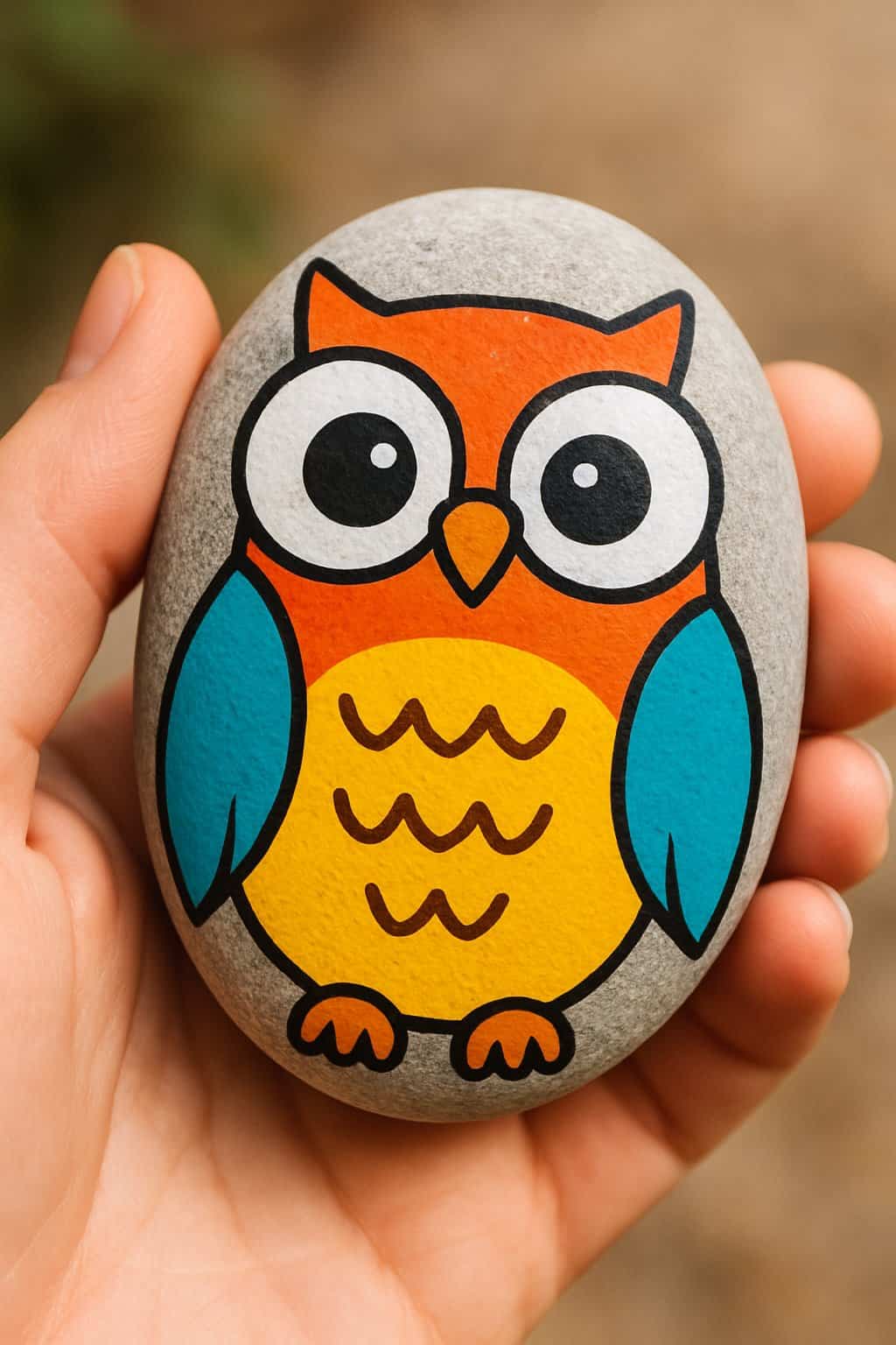 A hand holding a smooth river rock painted with a colorful owl design.