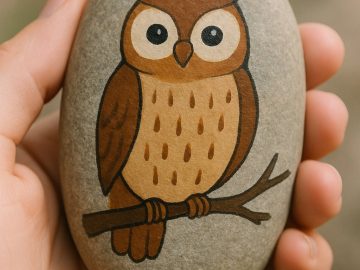A hand holds a smooth stone with a painted image of a brown owl perched on a branch. The background is blurred, highlighting the artwork on the stone.