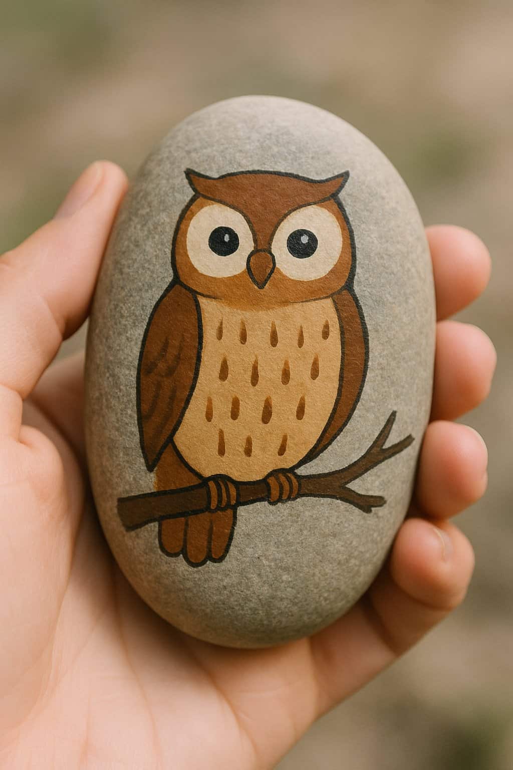A hand holding a smooth river rock painted with an owl sitting on a tree branch.