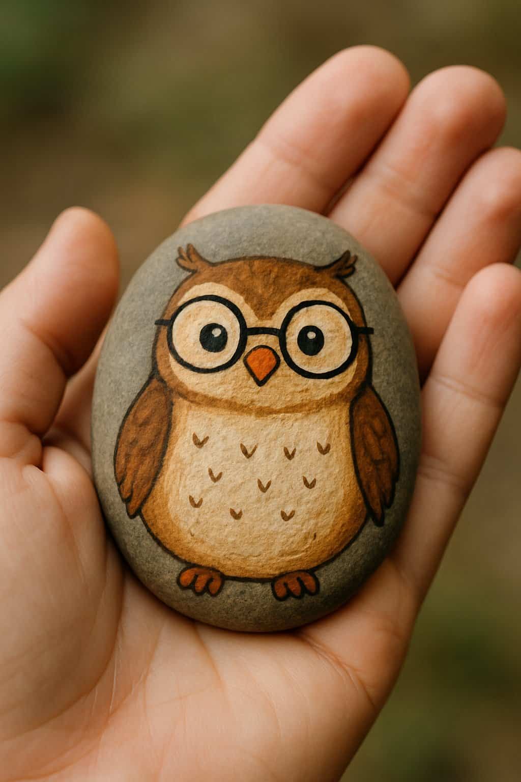 A hand holding a smooth river rock painted with a whimsical owl wearing glasses.