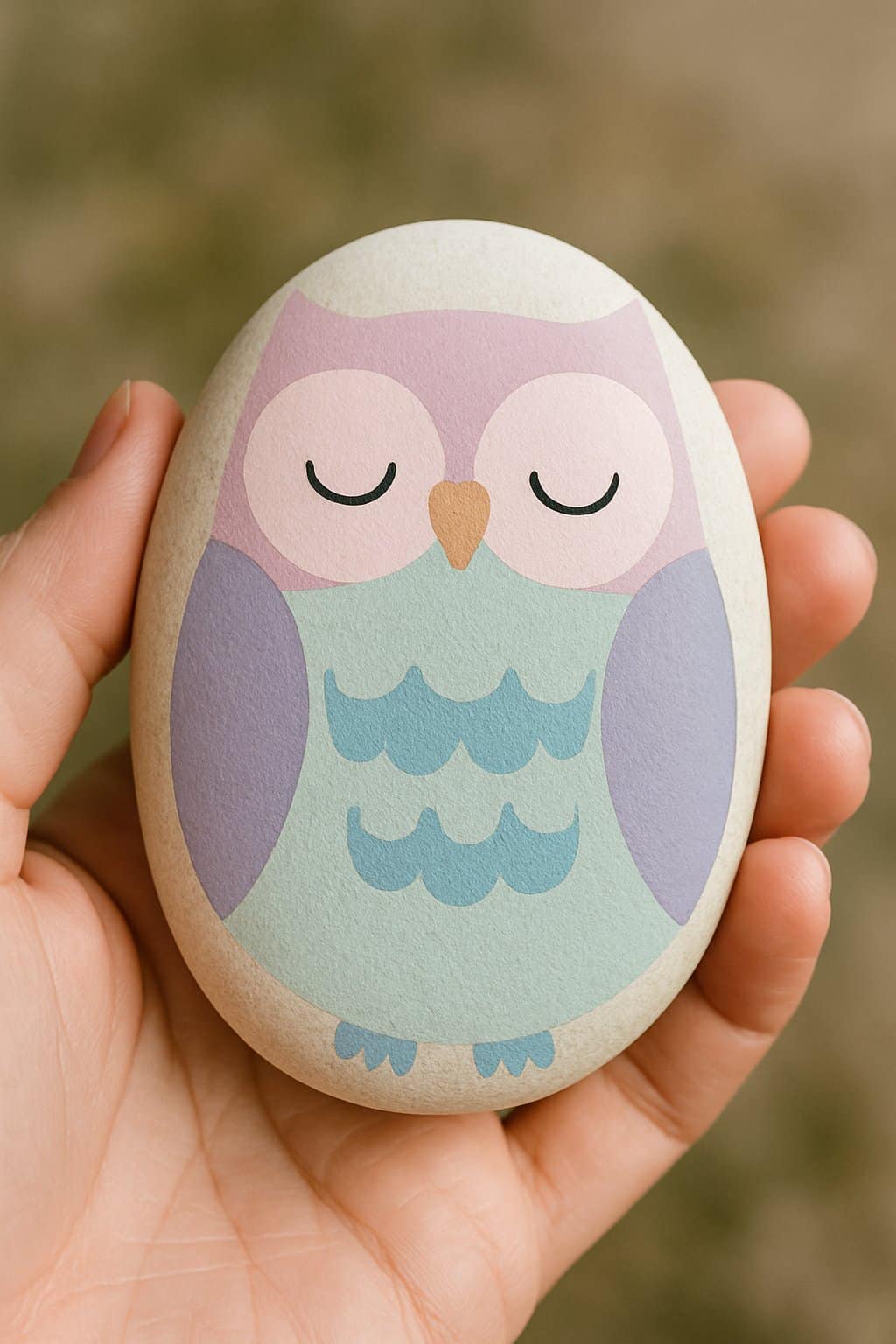 A hand holding a smooth river rock painted with a simple owl design.