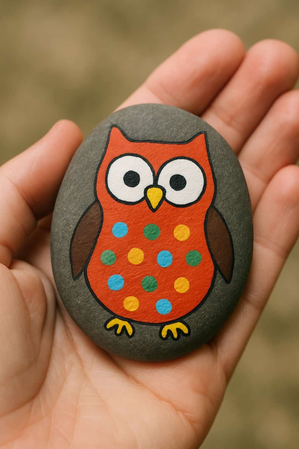 A hand holding a smooth river rock painted with an owl design featuring polka dots on its belly.