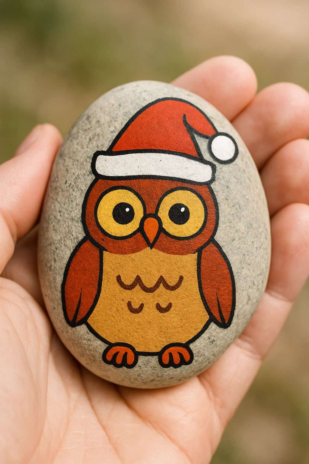 A hand holding a smooth river rock painted with a festive owl wearing a Santa hat.