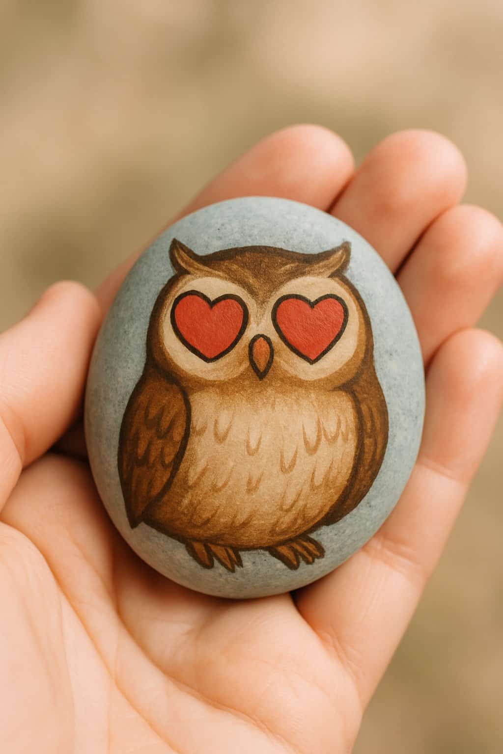 A hand holding a smooth river rock painted with an owl that has heart-shaped eyes.