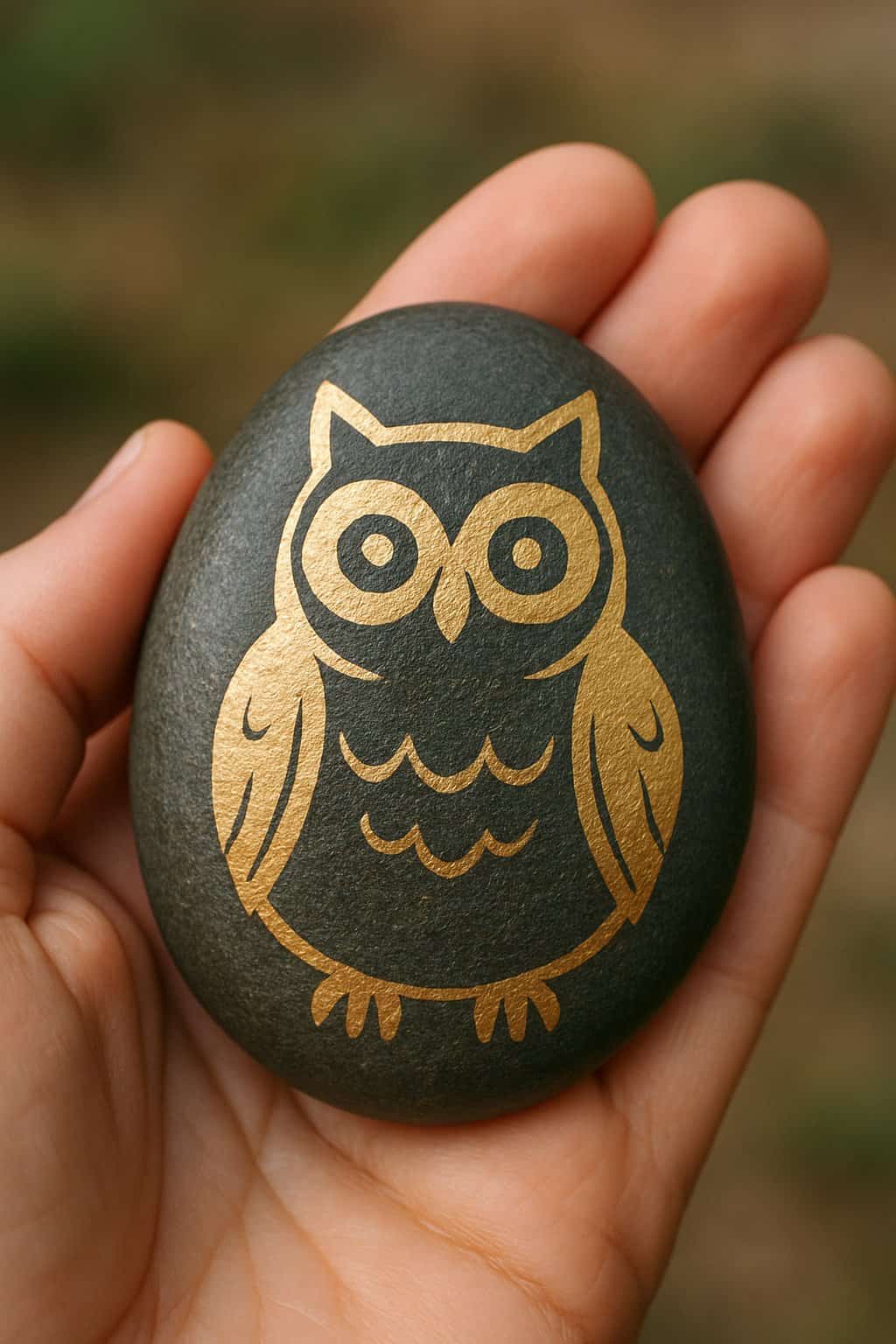 A hand holding a smooth river rock painted with a shiny owl design.