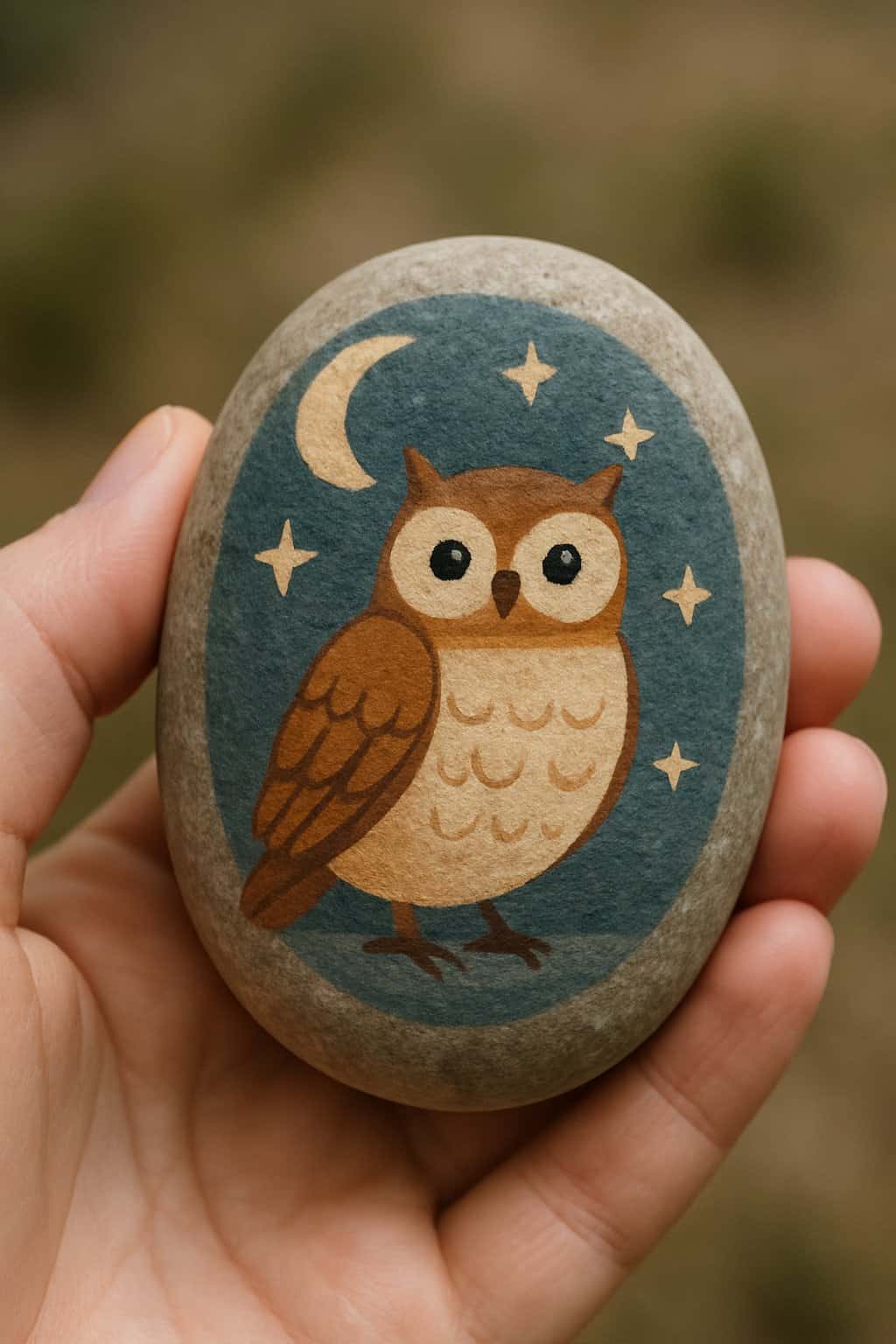 A hand holding a smooth river rock painted with an owl surrounded by stars and a crescent moon.
