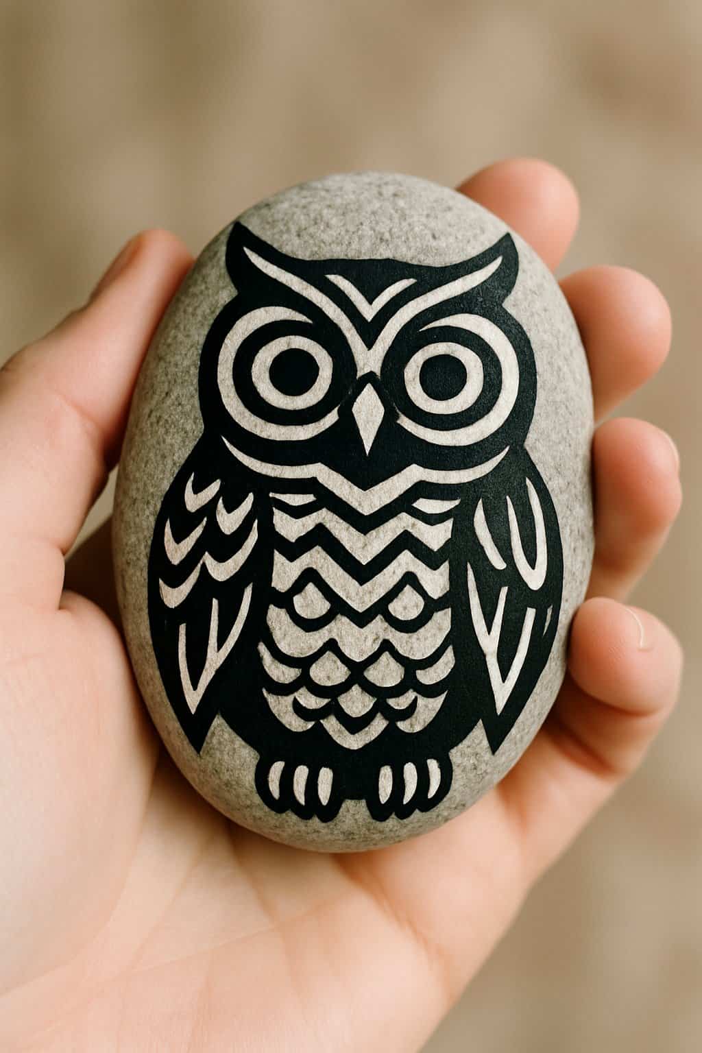 A hand holding a smooth river rock painted with a black and white owl design.