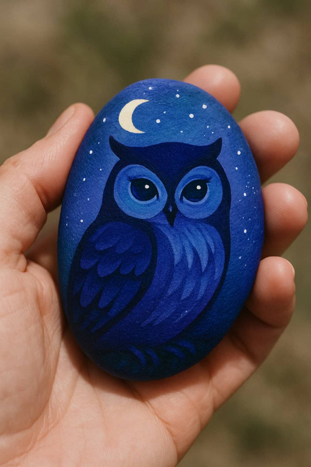Hand holding a smooth river rock painted with a simple night owl design in deep blues and purples.