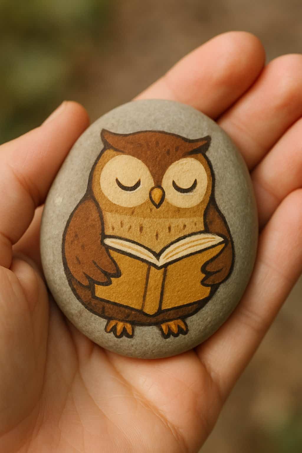 A hand holding a smooth river rock painted with an owl holding a book.
