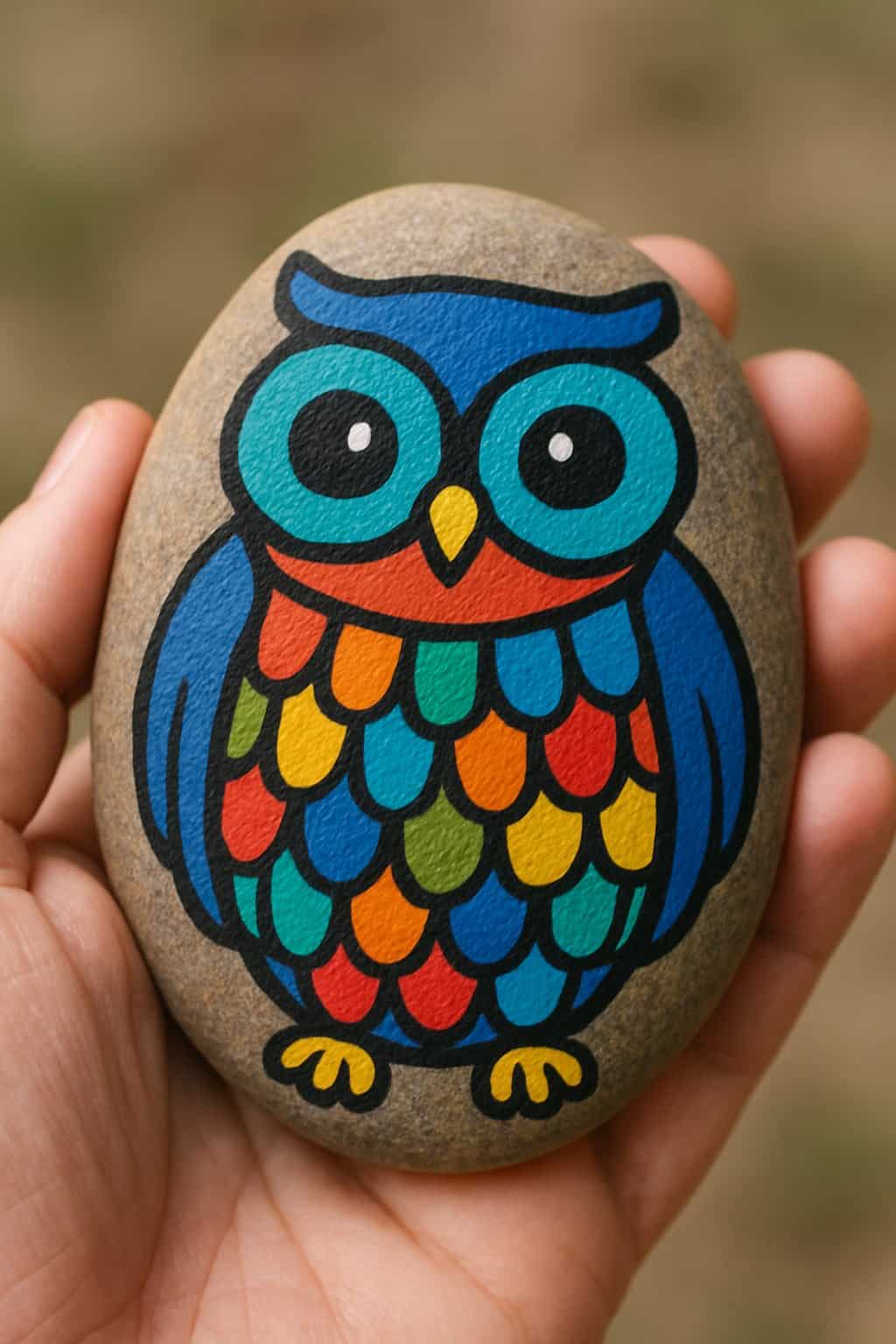 A hand holding a smooth river rock painted with a colorful owl design.