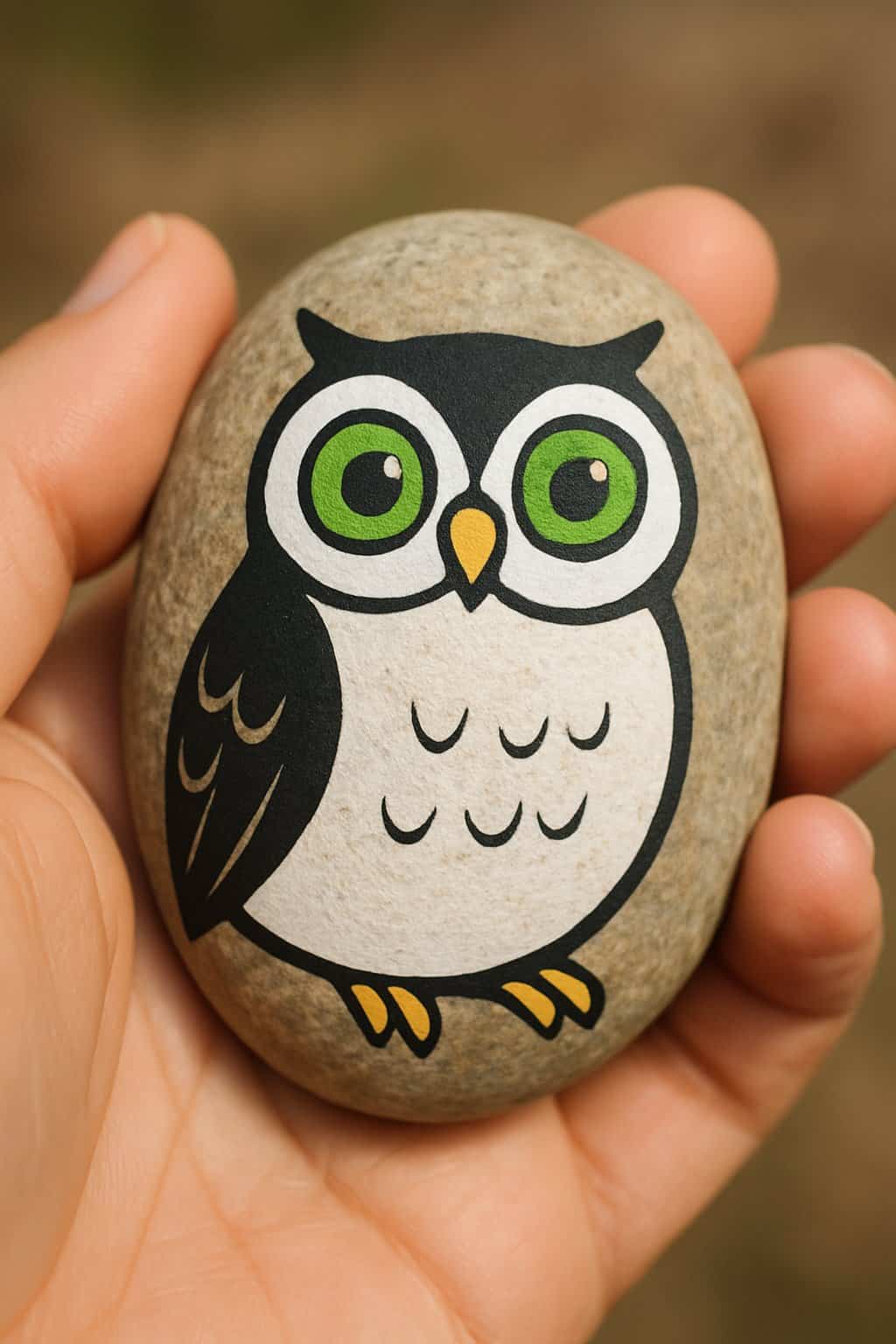 A hand holding a smooth river rock painted with an owl featuring bright green eyes.
