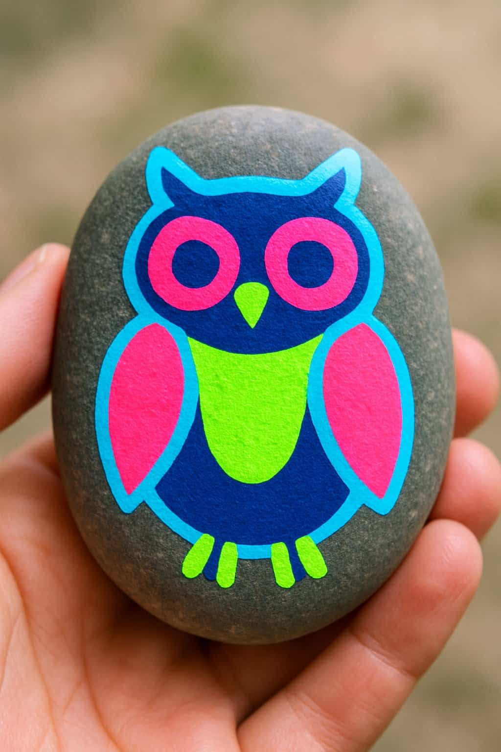 A hand holding a smooth river rock painted with a colorful neon owl design.
