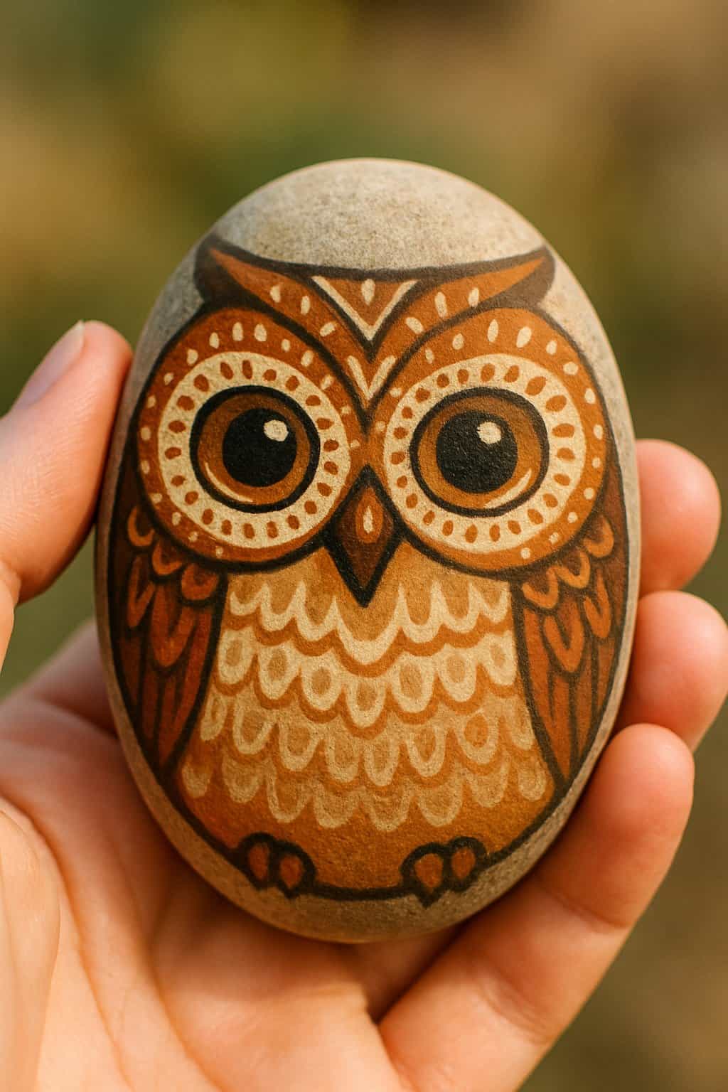 A hand holding a smooth river rock painted with an owl design featuring tribal face markings.