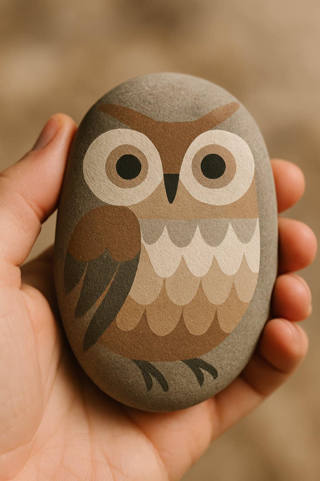 A hand holding a smooth river rock painted with an abstract owl design made of geometric shapes.
