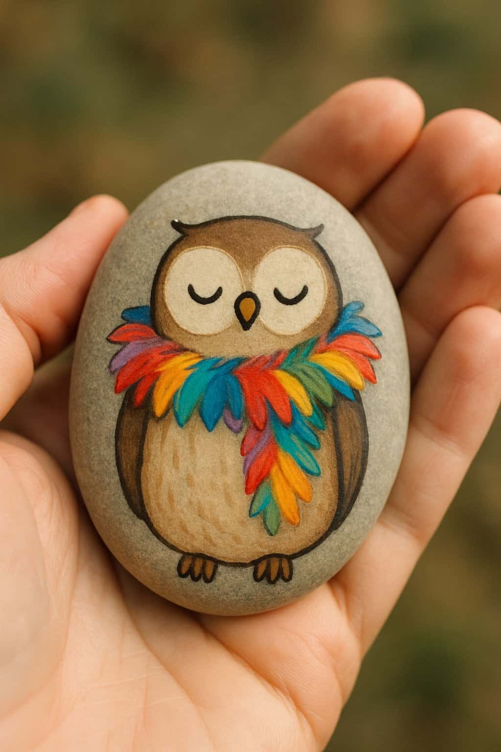 A hand holding a smooth river rock painted with an owl wearing a colorful feather boa.