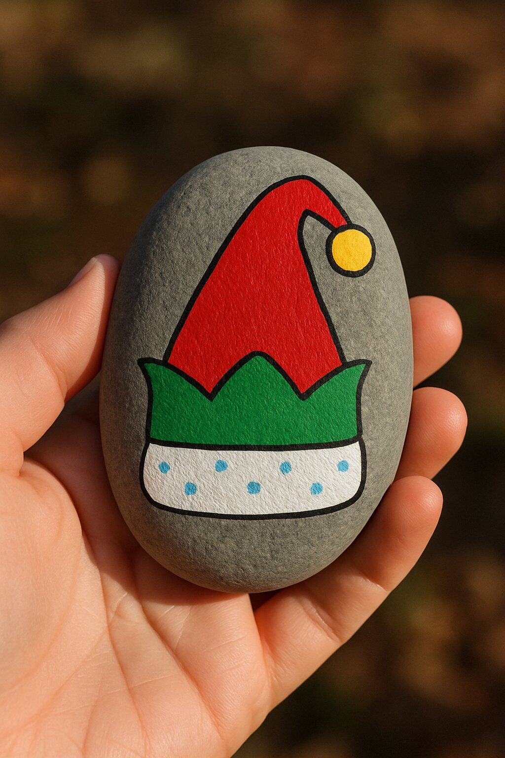 A hand holding a smooth river rock painted with an elf hat design.