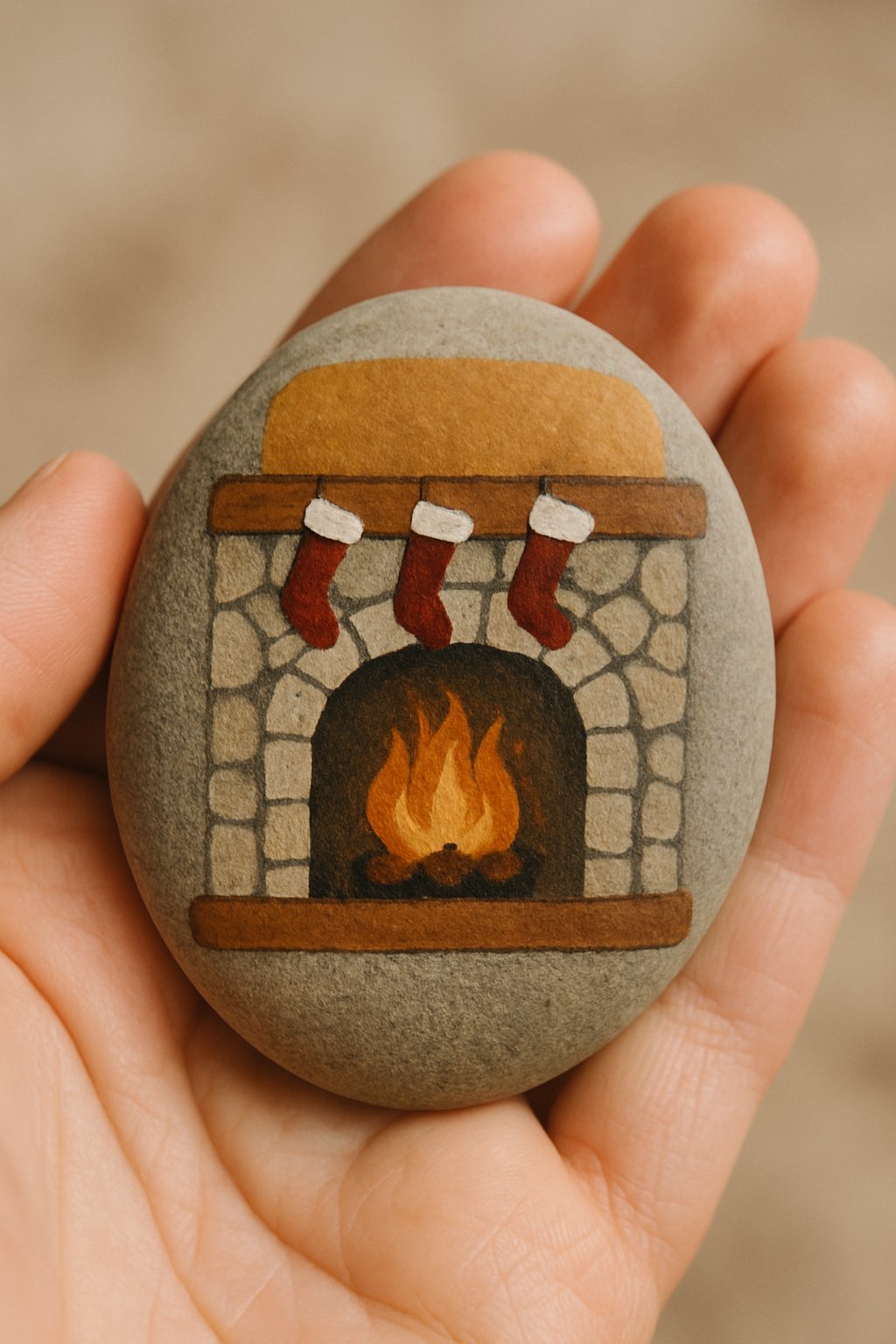 A hand holding a smooth river rock painted with a winter fireplace and stockings design.
