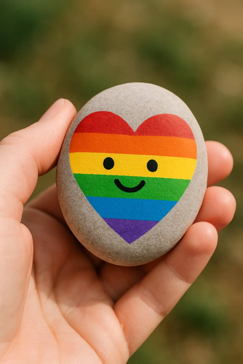 A hand holding a smooth river rock painted with a rainbow heart and a smiling face.