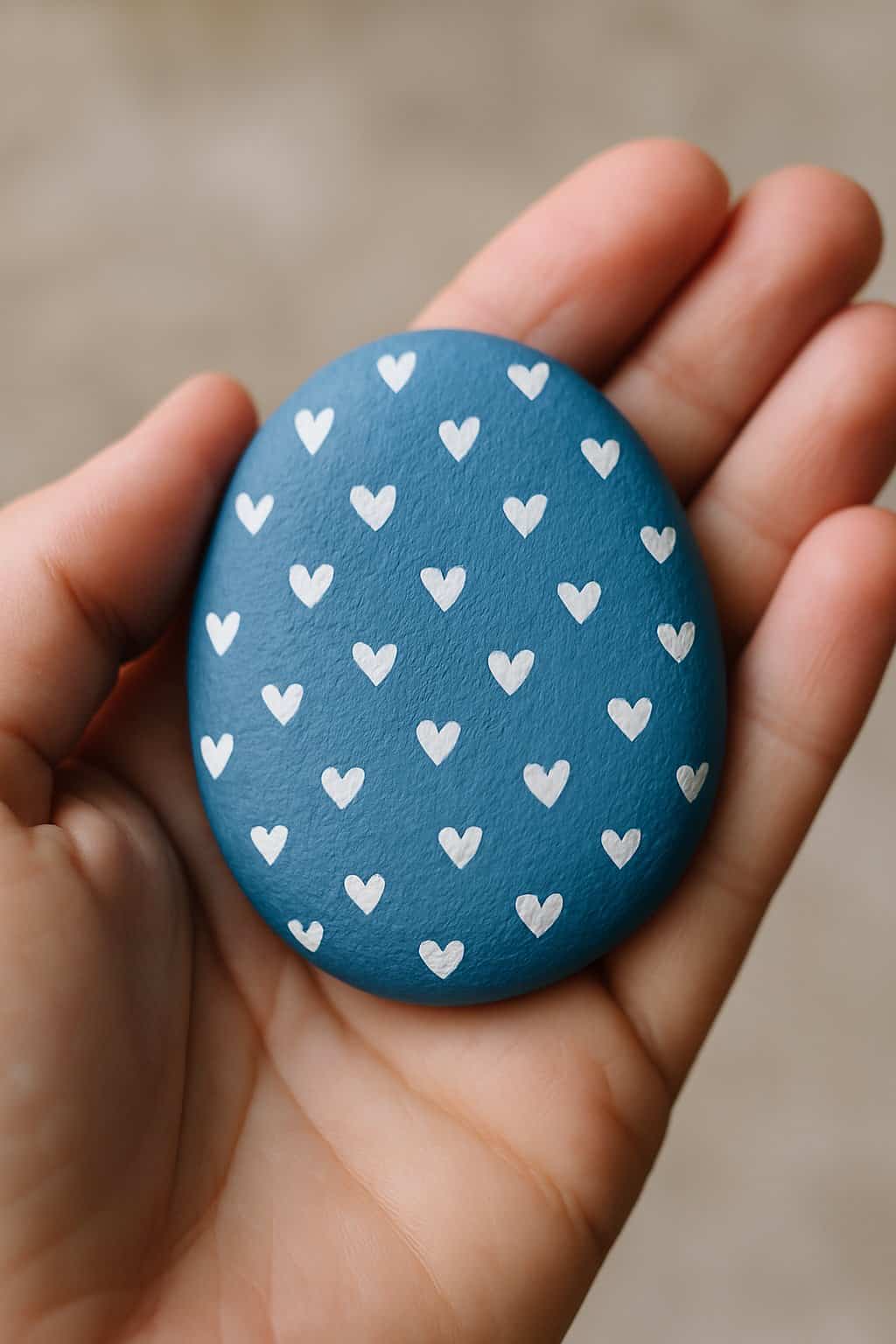 A hand holding a smooth blue river rock decorated with small white heart patterns.