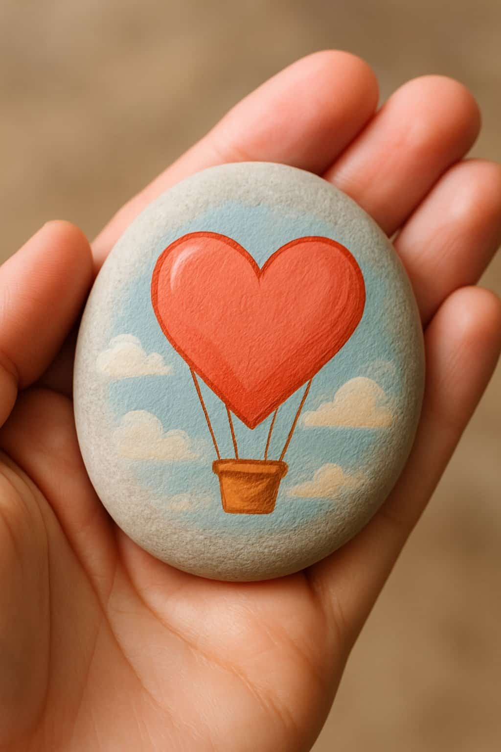 A hand holding a smooth river rock painted with a heart-shaped hot air balloon design.