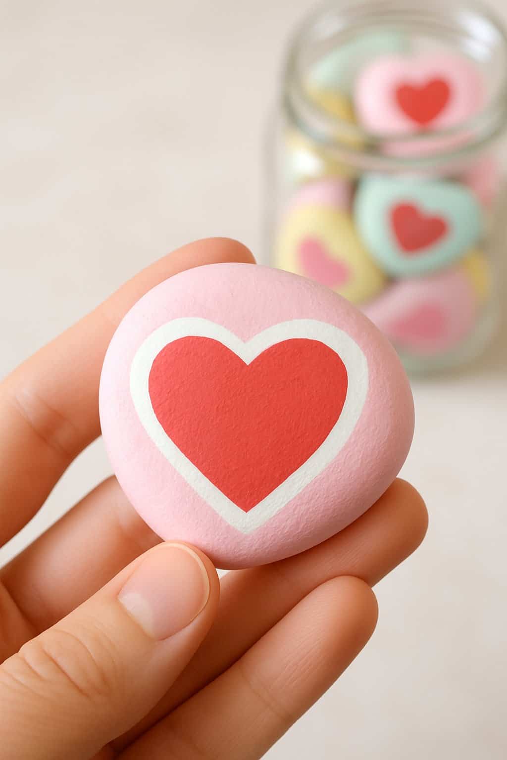 A hand holding a smooth river rock painted with pastel colors, with a jar of painted rocks in the background.