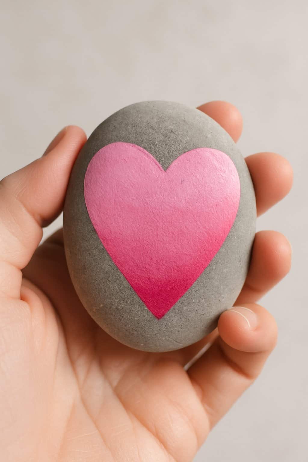 A hand holding a smooth river rock painted with a pink ombre heart design.