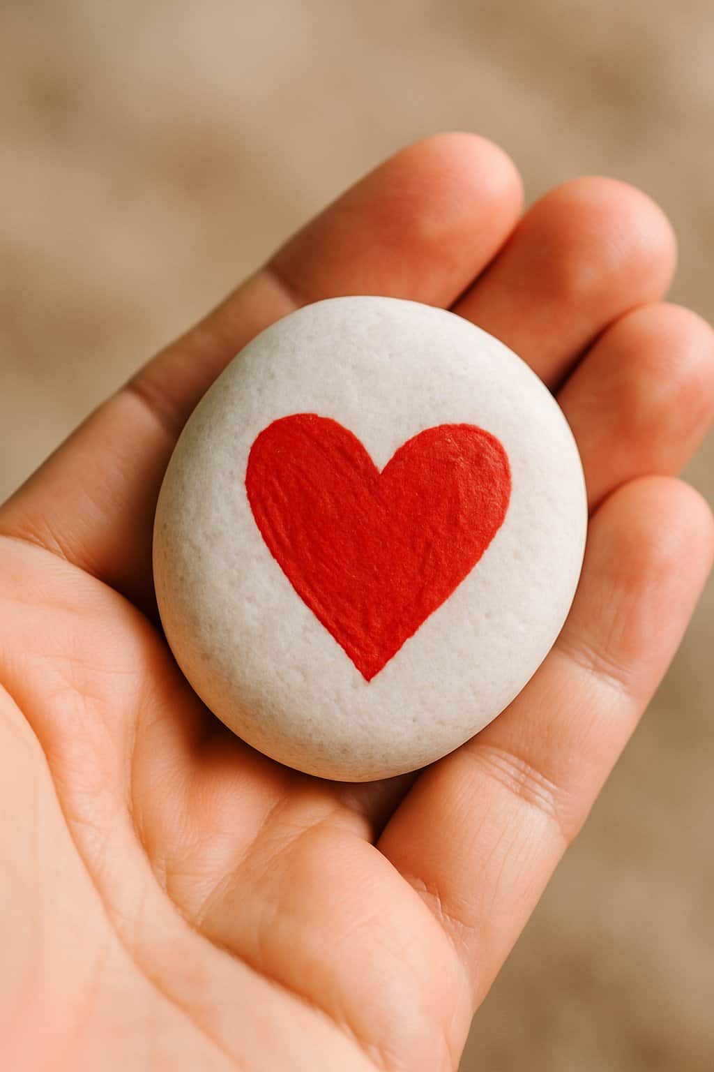 A hand holding a smooth white rock painted with a red heart.