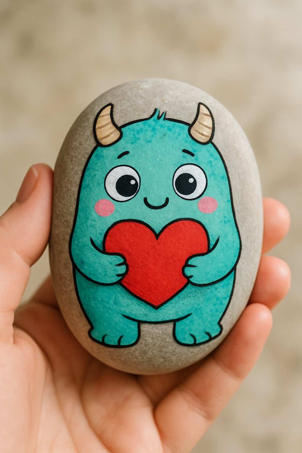 A hand holding a smooth river rock painted as a cute monster holding a heart.