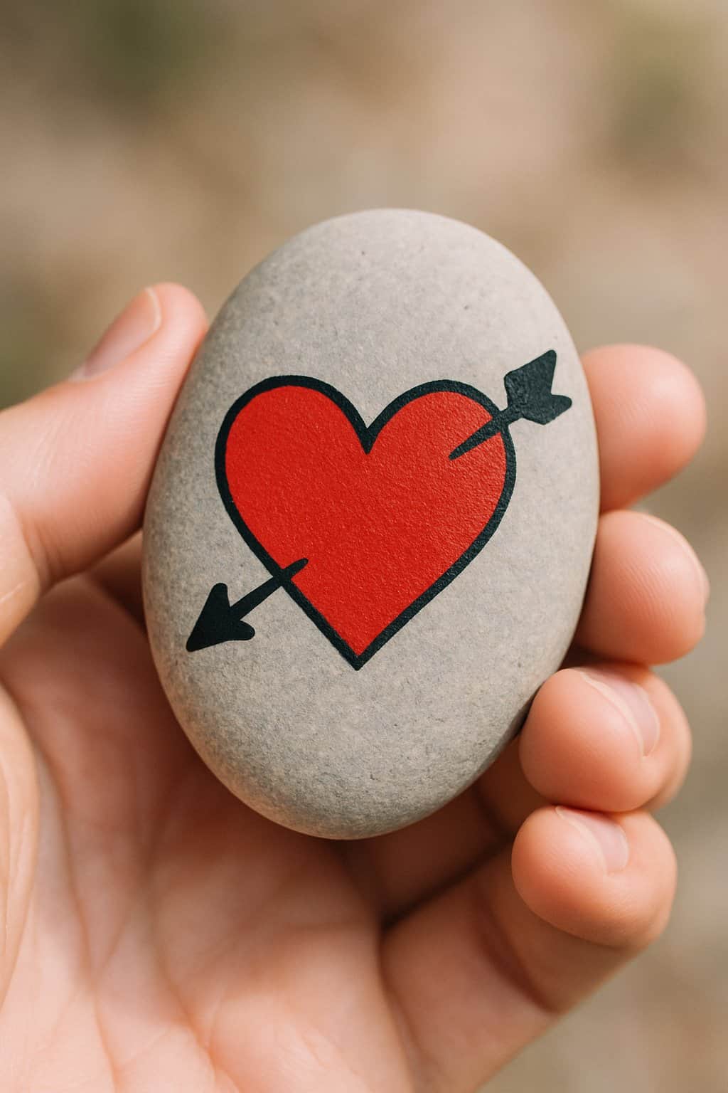 A hand holding a smooth river rock painted with a red heart pierced by a cupid's arrow.