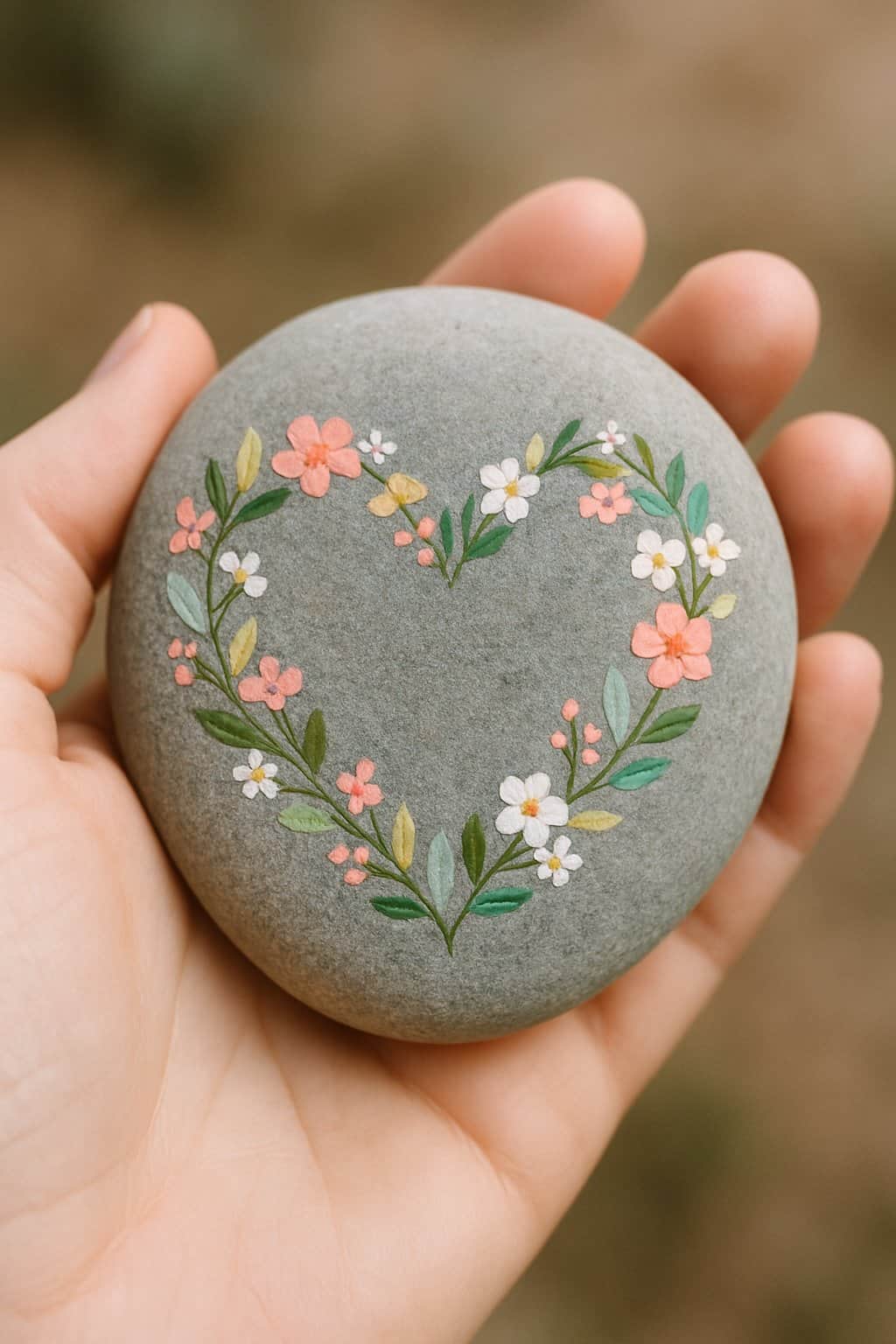 A hand holding a smooth river rock painted with a floral heart wreath design.