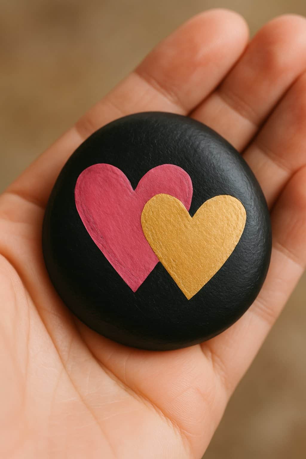 A hand holding a smooth black rock painted with two overlapping hearts in pink and gold.