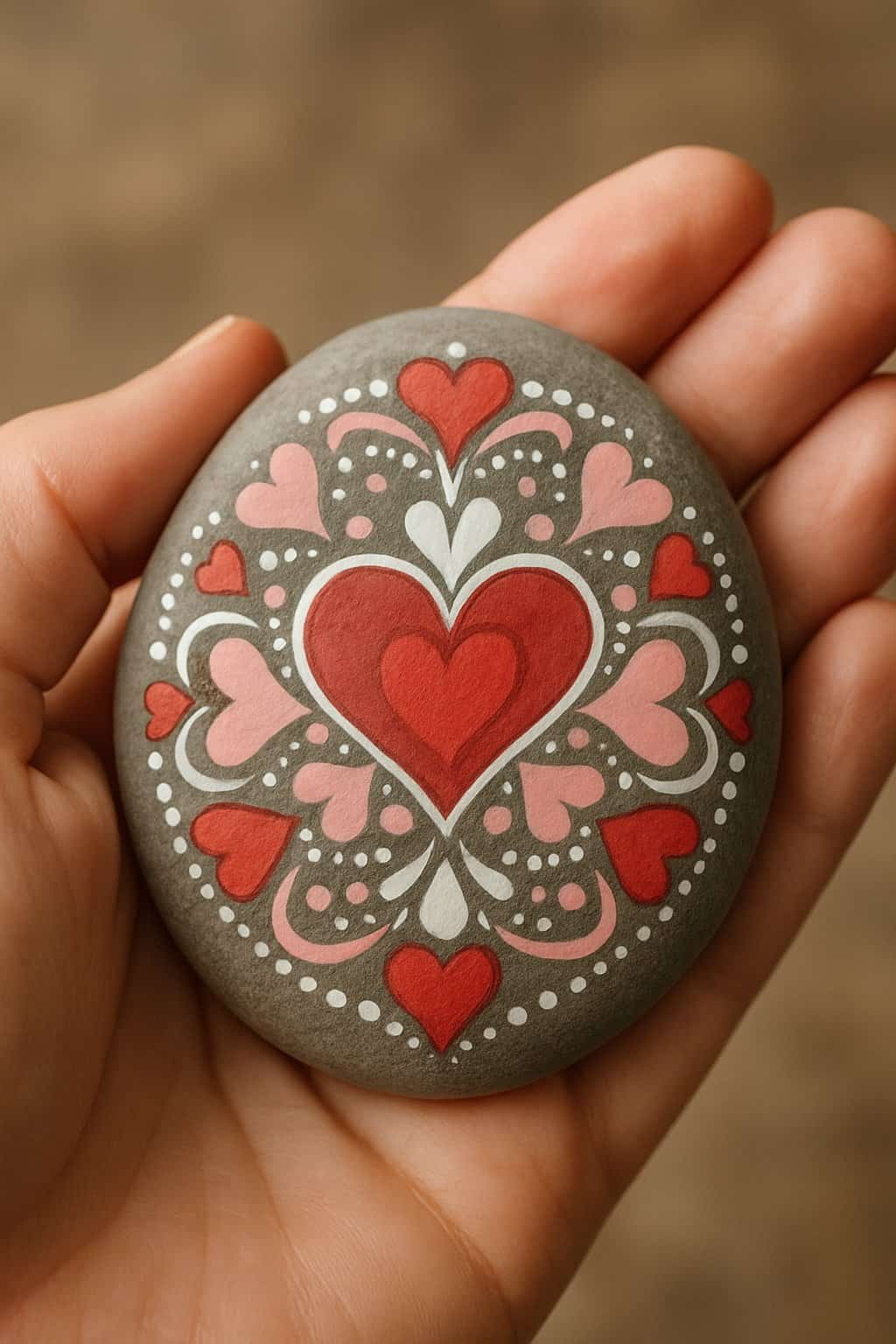 A hand holding a smooth river rock painted with a valentine-themed mandala design.