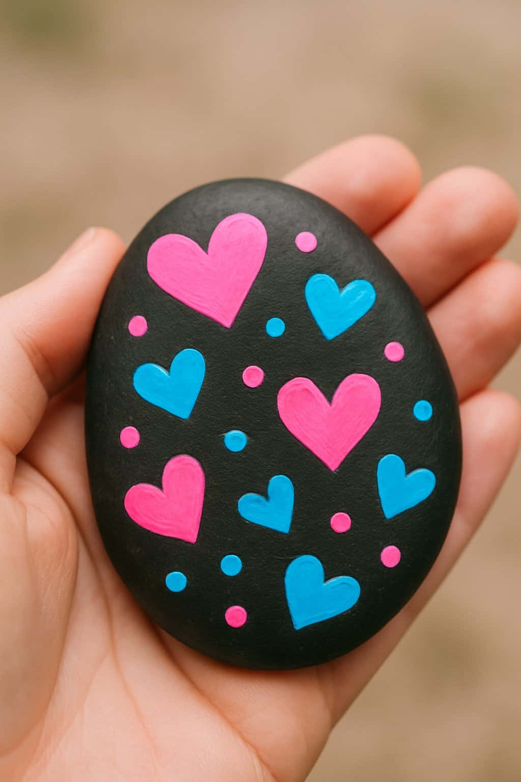A hand holding a smooth black rock painted with neon hearts and dots.
