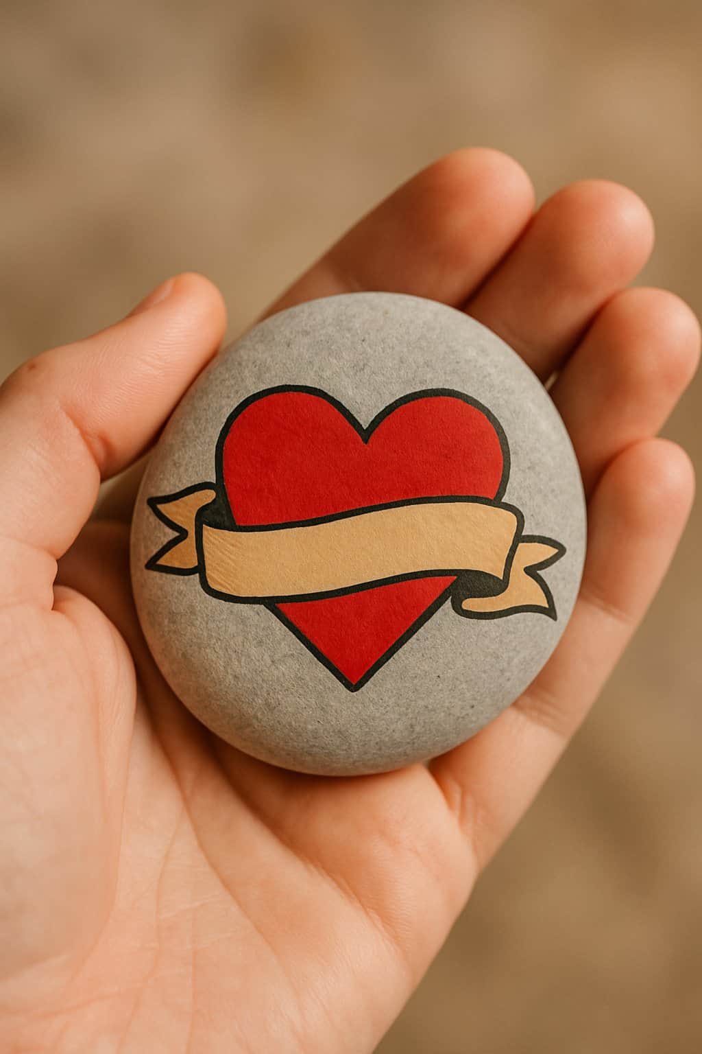A hand holding a smooth river rock painted with a red heart and a banner design.