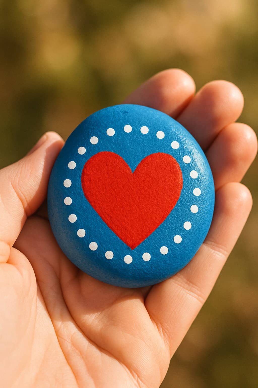 A hand holding a smooth blue rock painted with a red heart and white polka dot border.