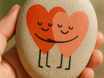A hand holds a smooth stone painted with two red hearts hugging, each with smiling faces and closed eyes, along with simple black arms and legs drawn beneath them.