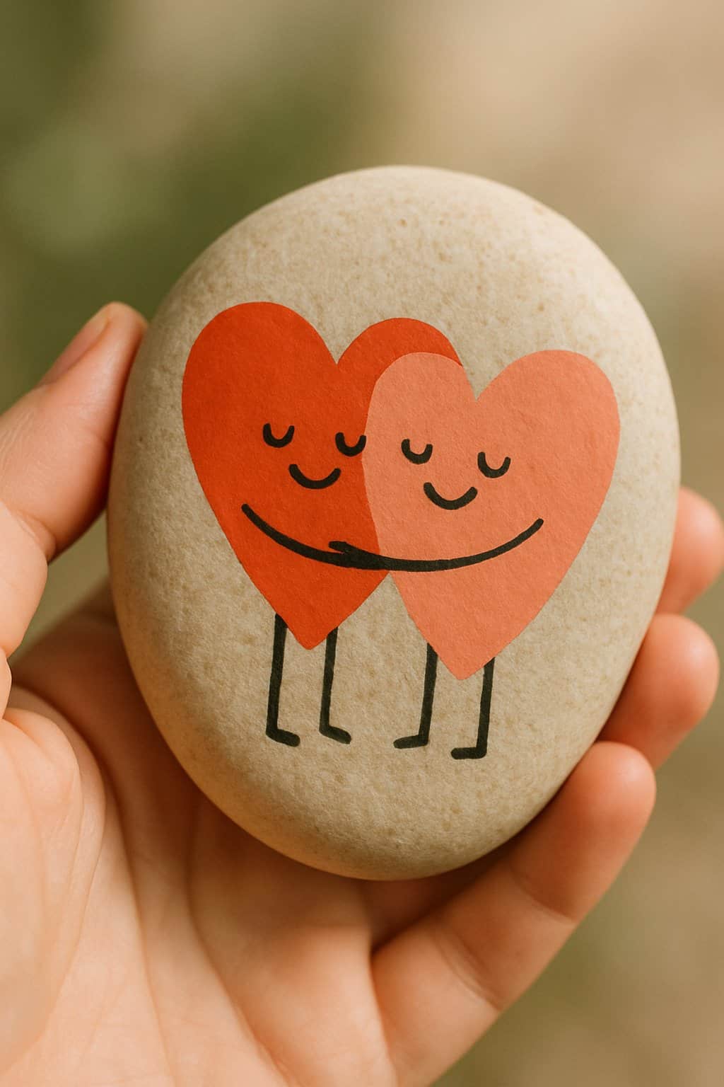 A hand holding a smooth river rock painted with two hugging heart characters.