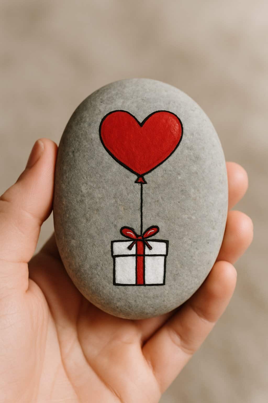 A hand holding a smooth river rock painted with a red heart balloon tied to a small gift.