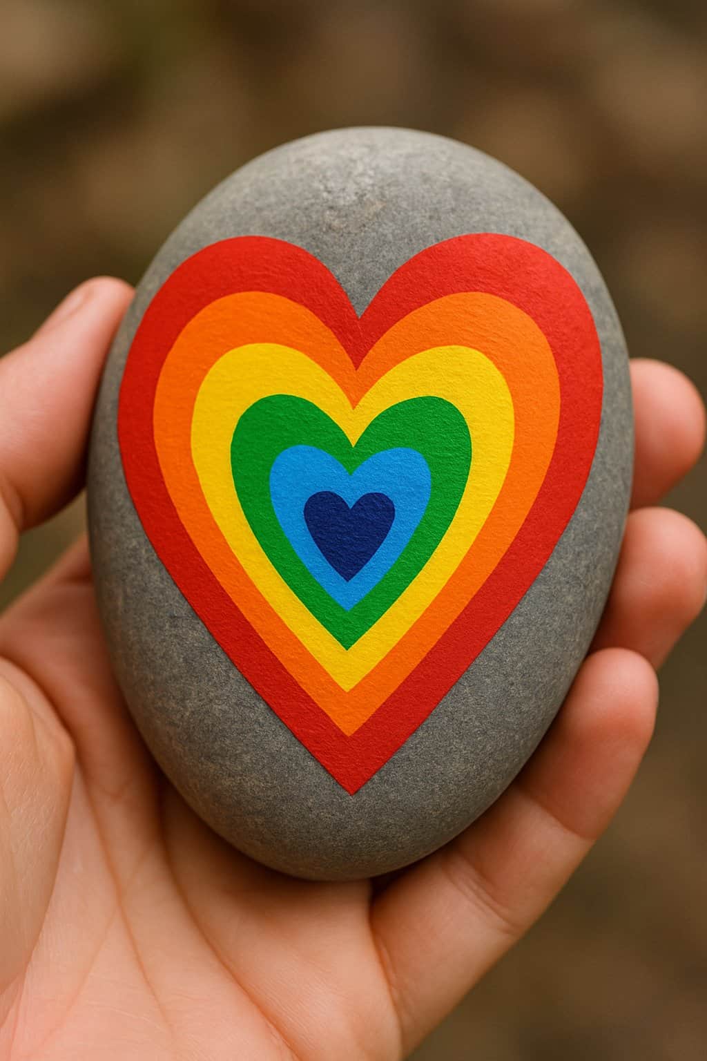 A hand holding a smooth river rock painted with layered rainbow-colored hearts.