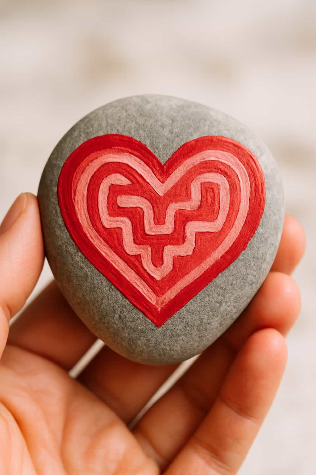 A hand holding a smooth river rock painted with a heart-shaped maze design.