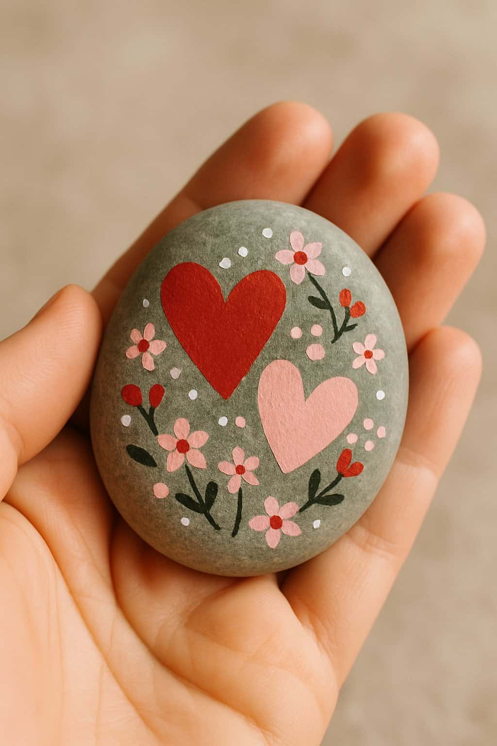 A hand holding a smooth river rock painted with hearts and small flowers.