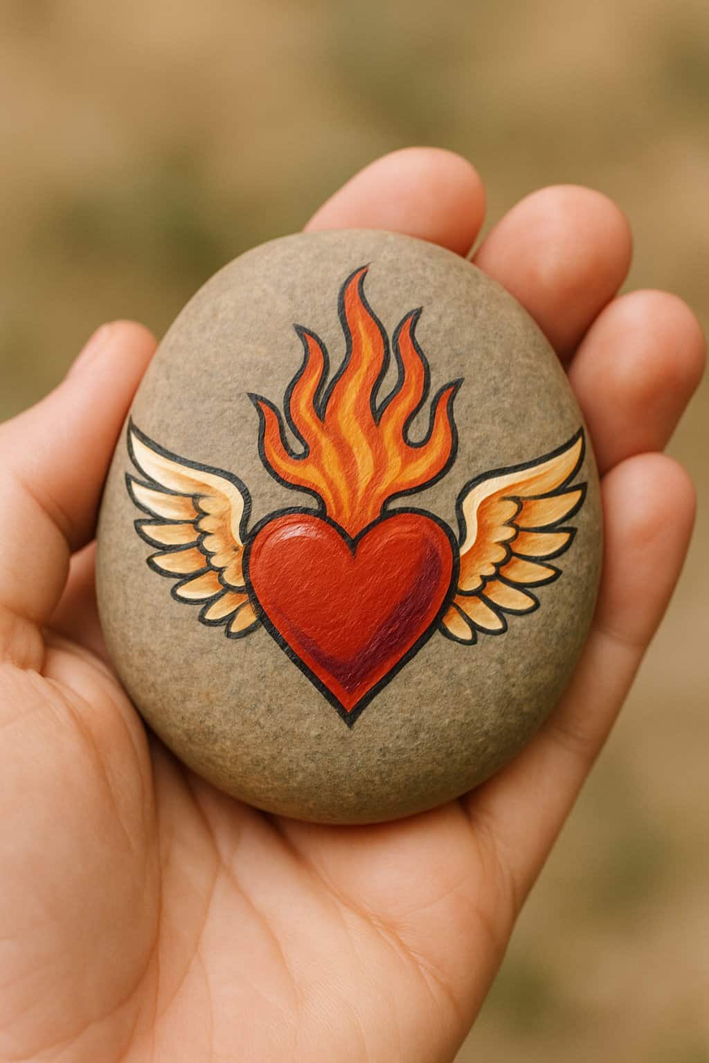 A hand holding a smooth river rock painted with a winged heart and flames design.