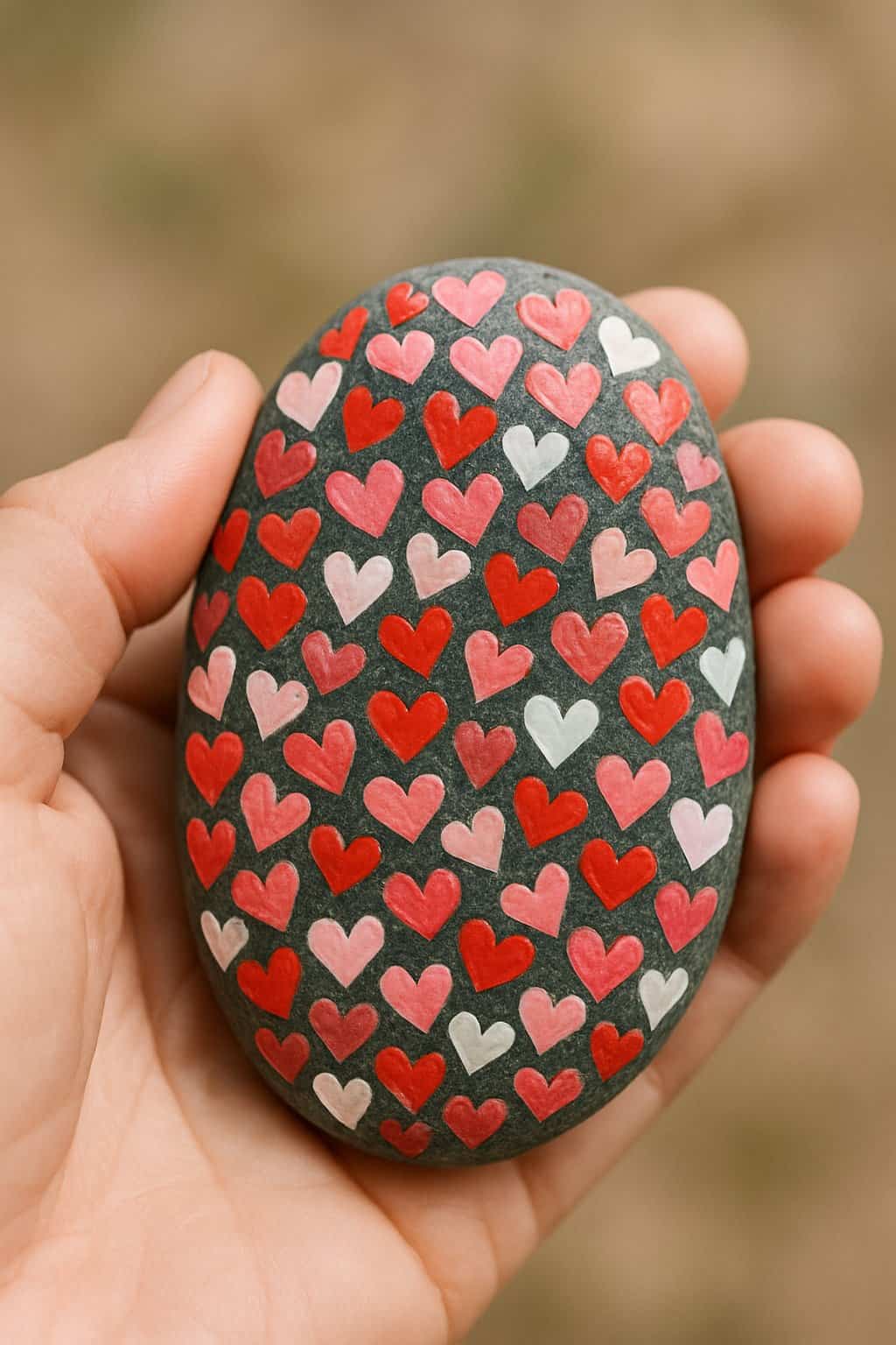 A hand holding a smooth river rock painted with colorful heart shapes.