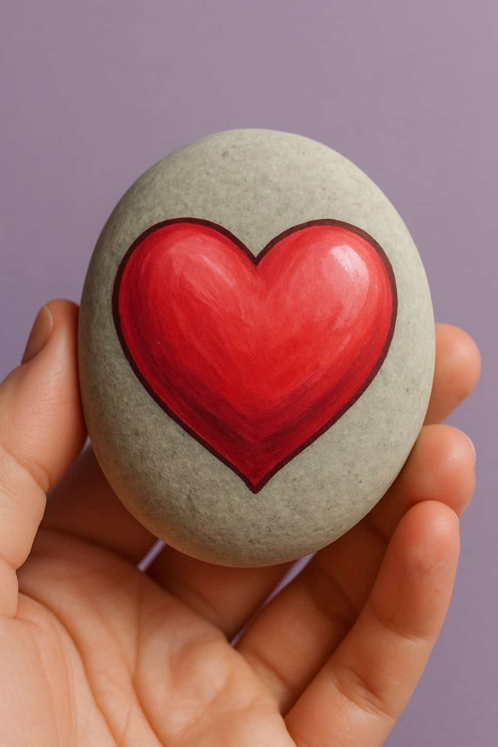 A hand holding a smooth river rock painted with a heart design against a purple background.