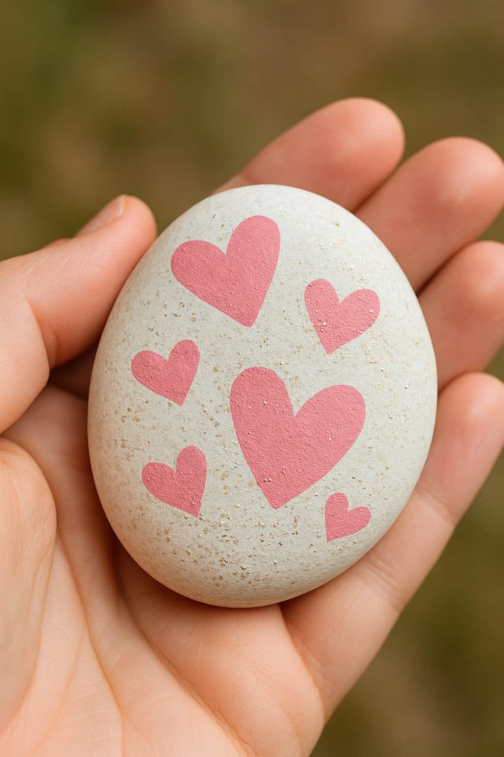 A hand holding a smooth river rock painted with pink hearts and glitter.