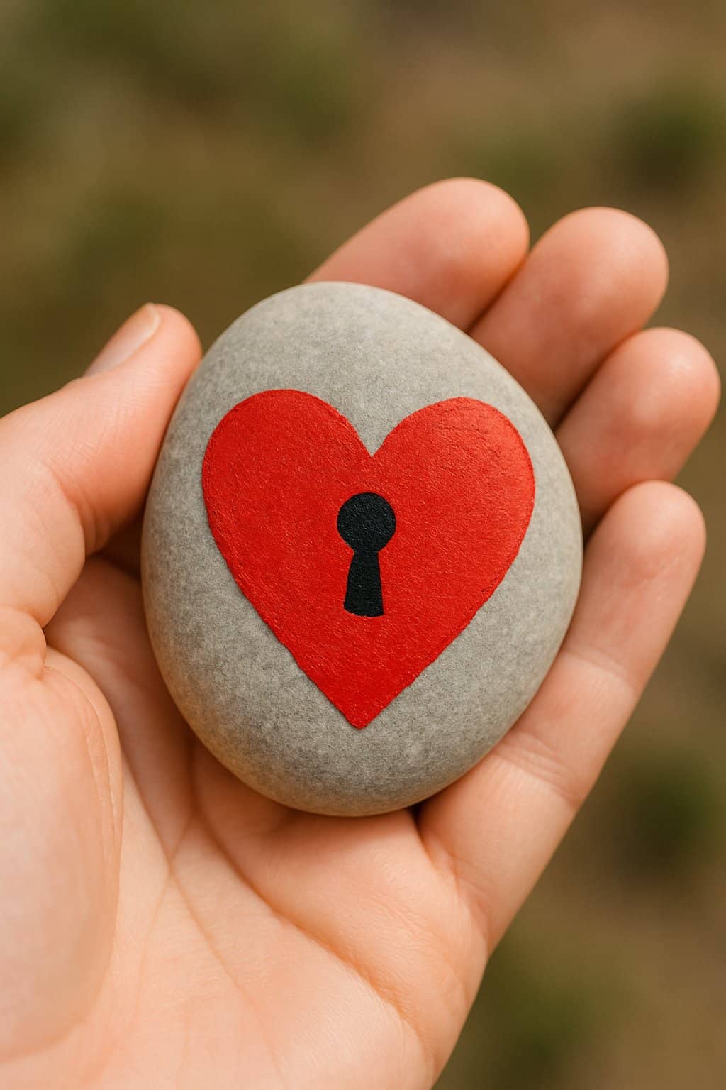 A hand holding a smooth river rock painted with a red heart and black keyhole design.