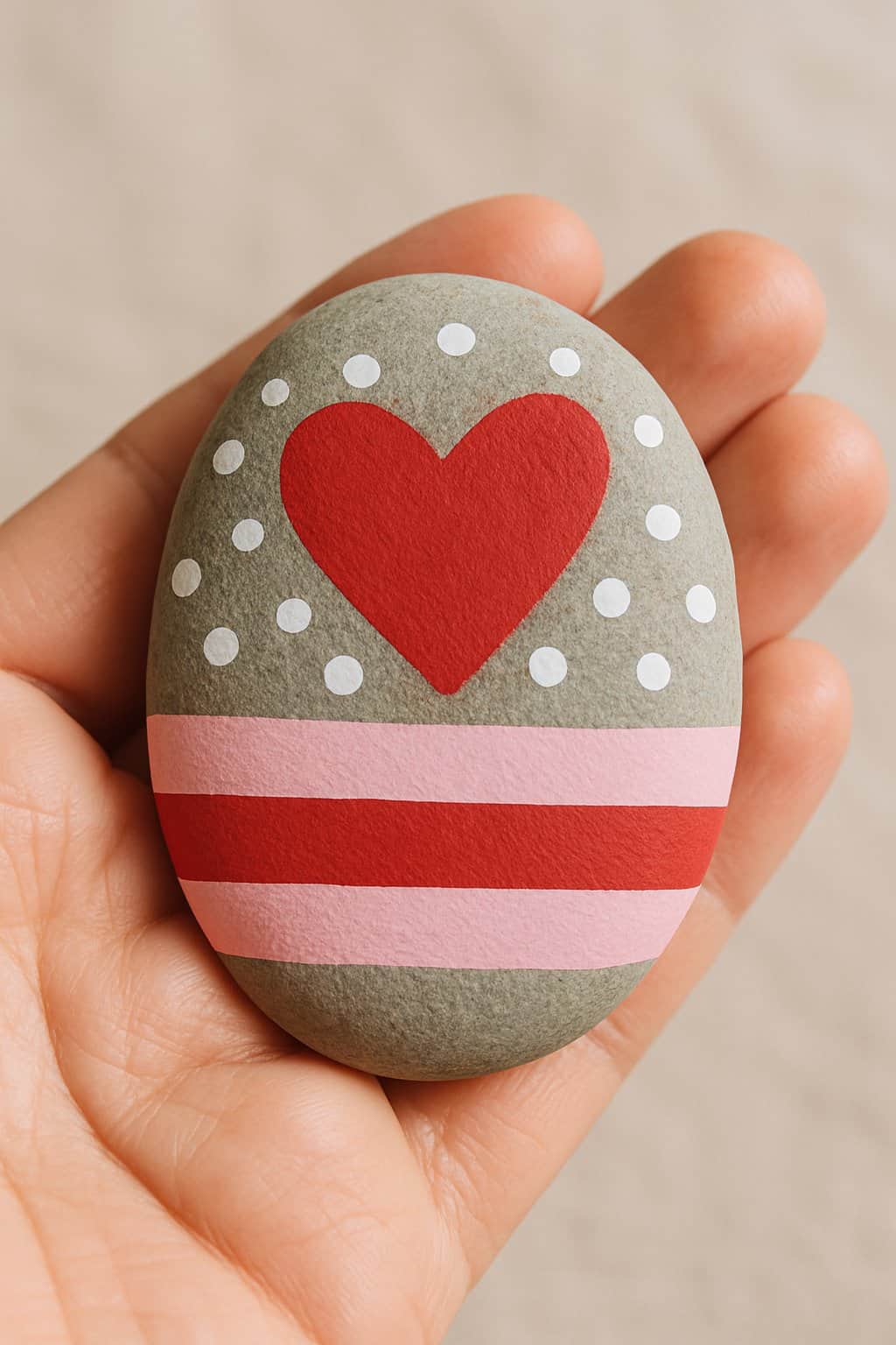 A hand holding a smooth river rock painted with a heart, polka dots, and stripes.